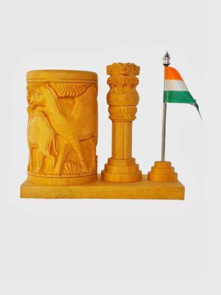Ashoka Pillar Tabletop Pen Holder crafted in white wood with camel carving thumbnail 2